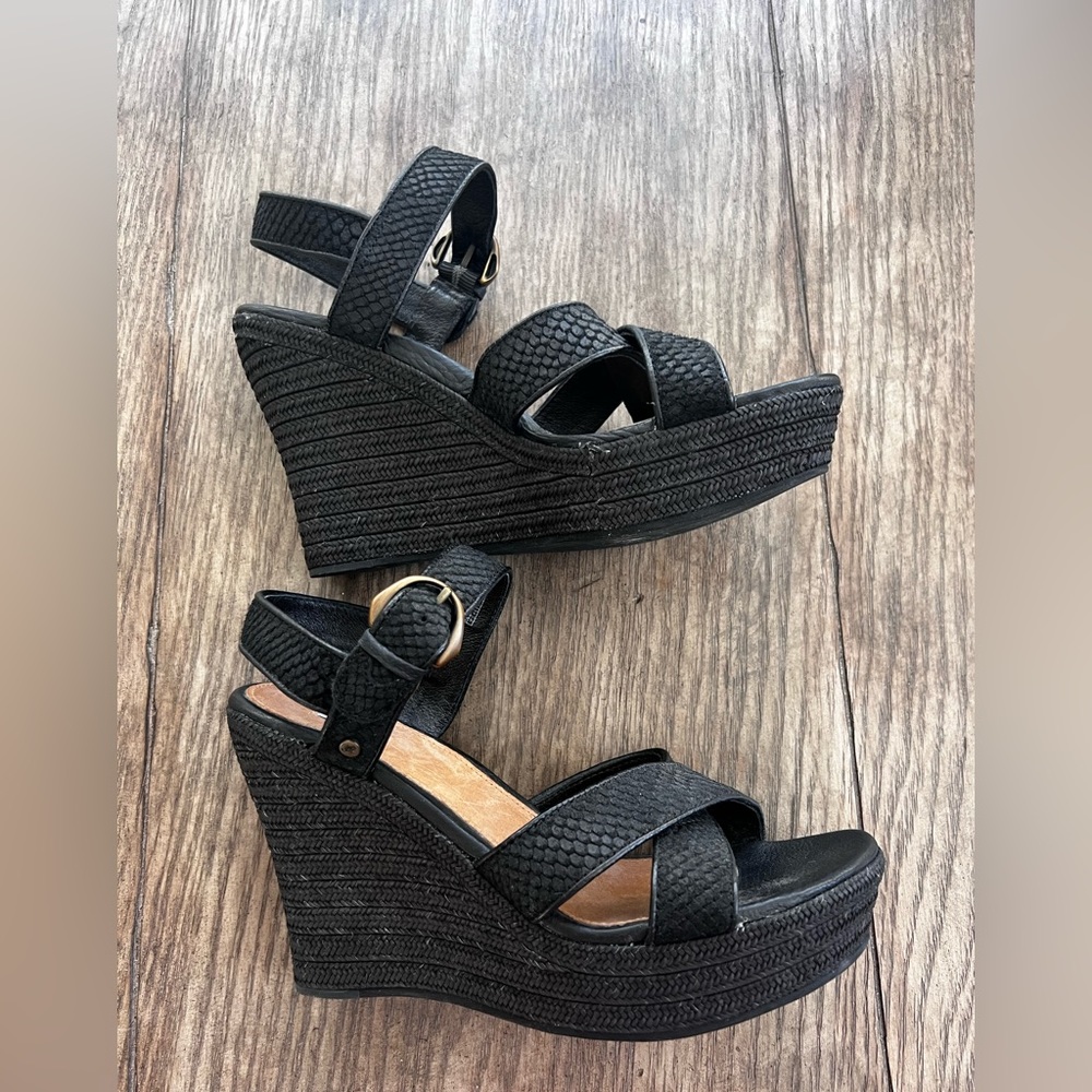 UGG Black Embossed Snake Suede Wedge Sandals, Size 8